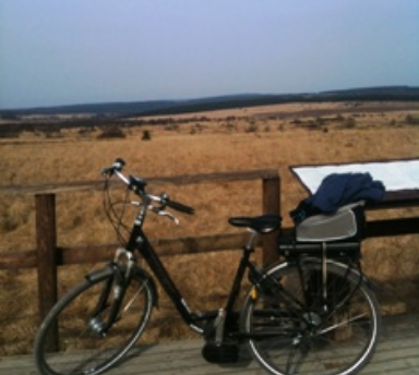 Vélo posé devant un panorama des Hautes Fagnes