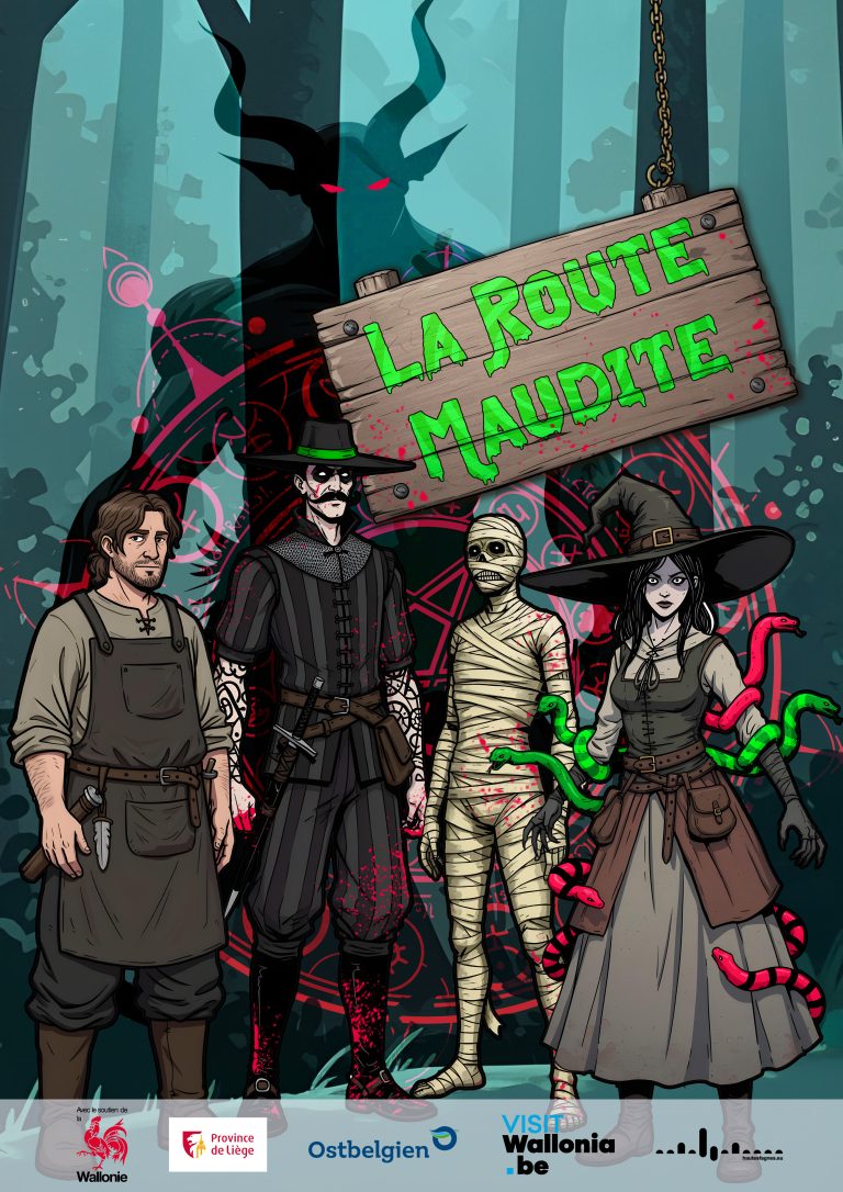 Affiche de l'Explor Game du parc naturel Hautes Fagnes-Eifel "La Route Maudite". Présentation des personnages et des partenaires.